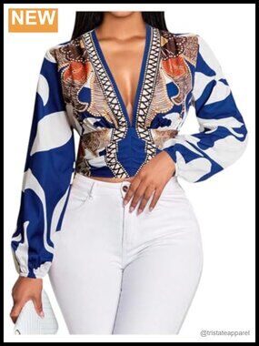 Boho Graphic V-Neck Blouse Cinched Waist Bishop Sleeve Long Sleeve Top